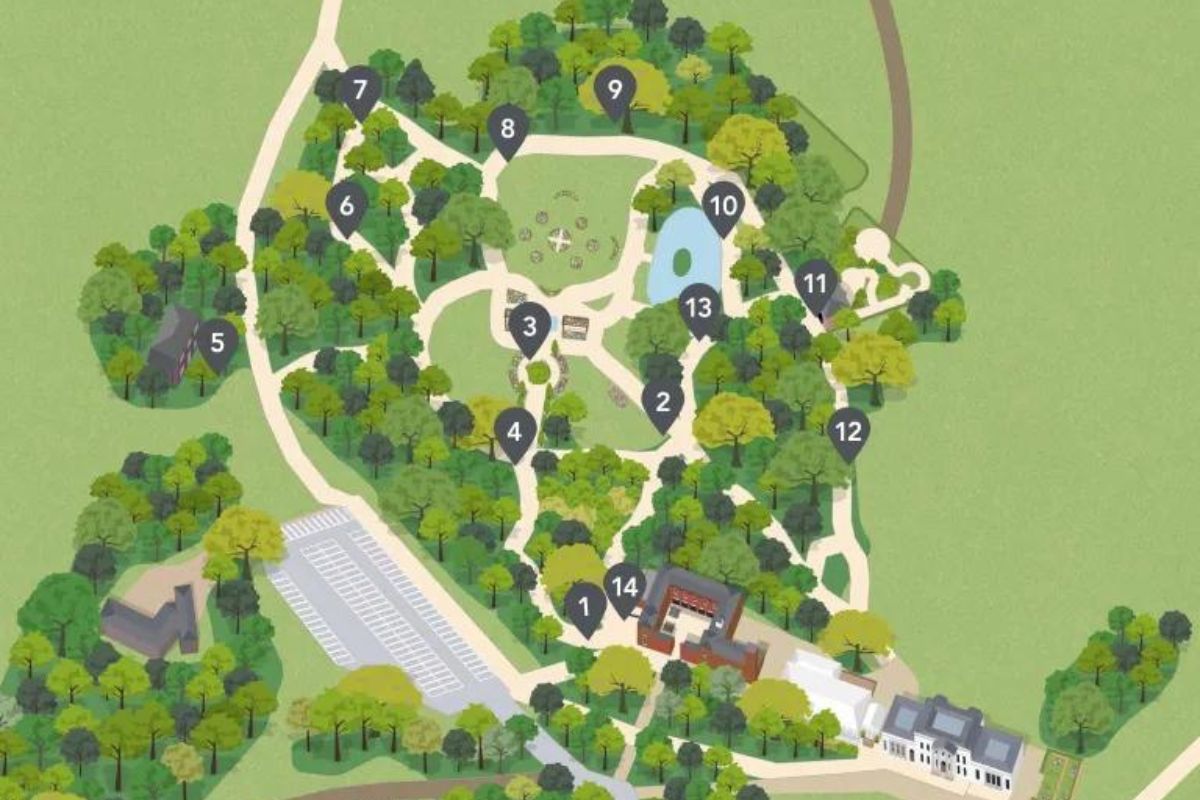 A map of Hylands Estate marking the different stops on the tour.