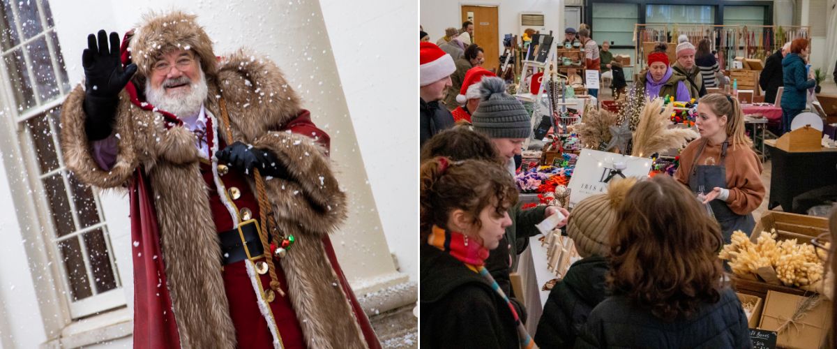 Santa waving to the camera and visitors shopping the various gift stalls in the Grand Pavilion.