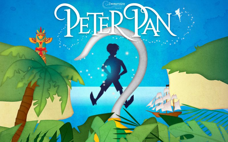 peter pan web image An illustrated poster of Peter Pan with his silhouette behind a silver hook. He is flying above cliffs surrounded by an ocean.