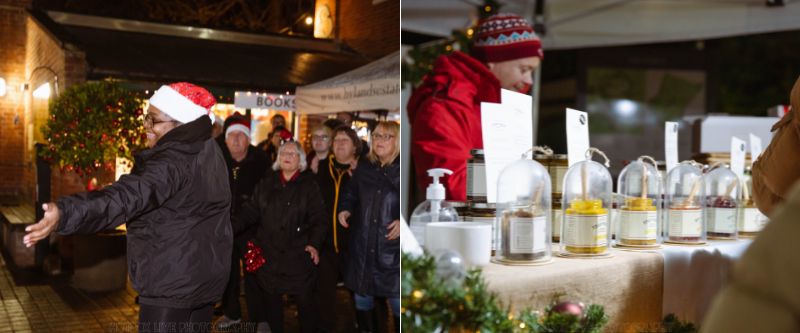 A choir singing in The Stables and a vendor selling chutneys.