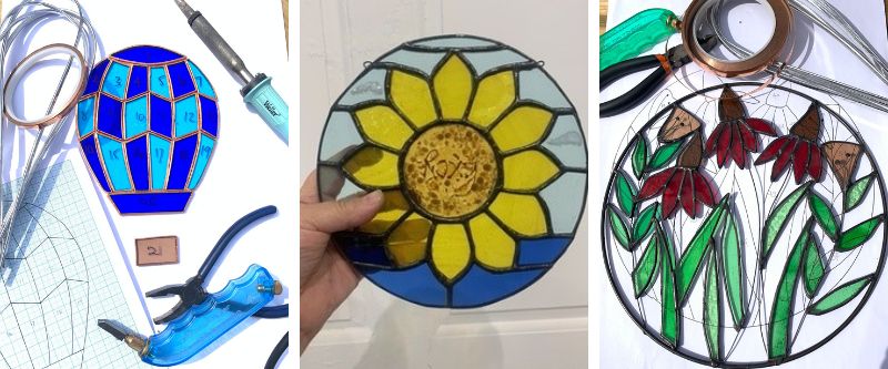 A collage of stained glass pieces in the process of being made.