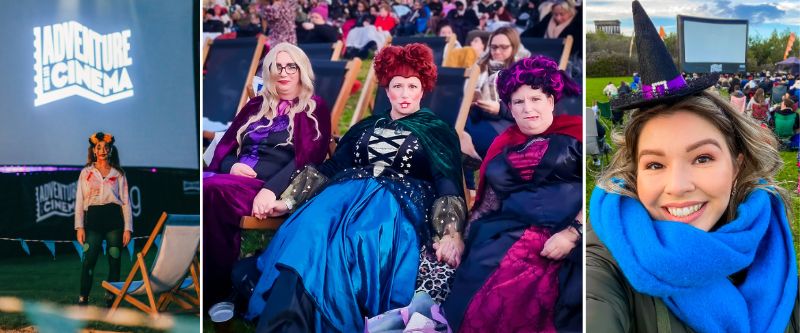 A collage of photos of people enjoying Adventure Cinema Halloween. 
