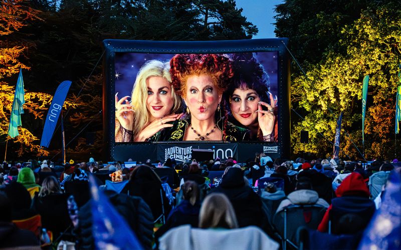 Hocus Pocus being shown on a large, outdoor screen.